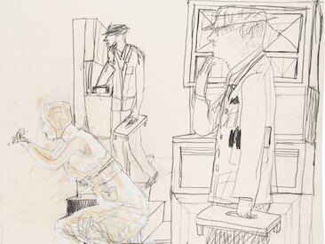 Romane Holderried Kaesdorf, Gelbliches Denkmal auf der Treppe, 1976 © Kunstmseum Stuttgart, Nachlass R. Holderried-Kaesdorf, Foto Frank Kleinbach, Stuttgart